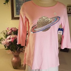 Top, Arizona,  flip sequin,  pink,  3/4 length sleeves , NWT